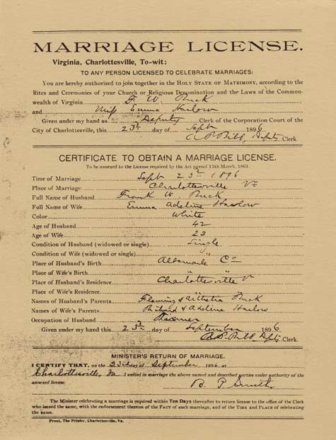 Emma Buck’s marriage license. Courtesy of Paul A. Lombardo.