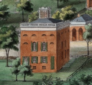 Detail of the Anatomical Theatre from View of the University … by E. Sachse & Co., 1856. A cupola was not part of Jefferson’s design. It was probably added after the 1837 resolution to raise the roof. This image clearly shows the cupola was present in 1856. Special Collections, University of Virginia Library, Charlottesville, Va.