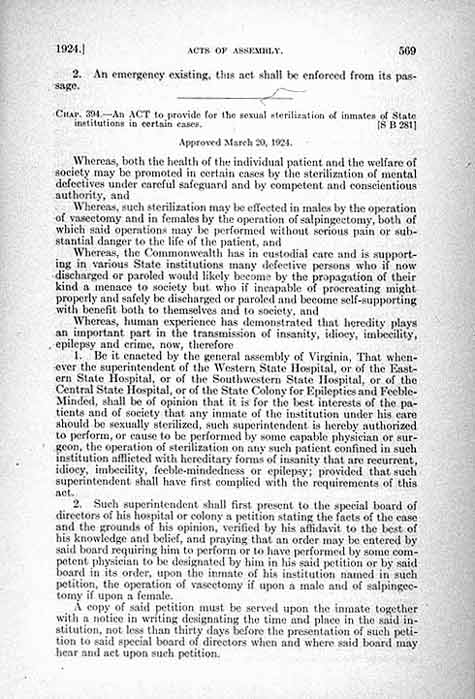 Virginia's Eugenical Sterilization Act of 1924. Courtesy of Paul A. Lombardo.