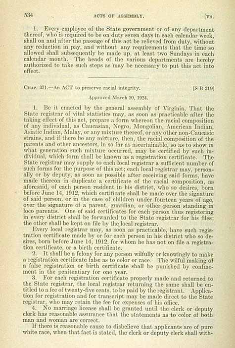 Virginia's Racial Integrity Act of 1924. Courtesy of Paul A. Lombardo.