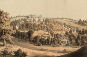 The Virginia Legislature moved to the Fauquier White Sulphur Springs in 1849 when there was a cholera outbreak in Richmond. This print depicts the resort in the mid 1850s. {2}