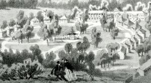 Rockbridge Alum from Dr. Moorman's 1859 book, The Virginia Springs of the South and West. This portion of a lithograph shows the pavilion not evident in the image in   Dr. Moorman’s book published two years earlier. {5}