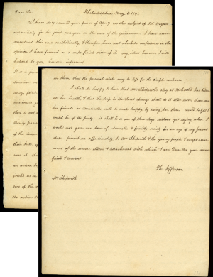 At the end of his letter written in Philadelphia on May 6th, 1791, to Mr. Fulwar Skipwith, Thomas Jefferson adds a note about Mrs. Skipwith. Secretary of State at the time, Jefferson writes: &ldquo I shall be happy to hear that Mrs. Skipwith’s stay at Richmond has bettered her health, & that the trip to the Sweet springs shall do it still more. I am sure her friends at Monticello will be made happy by seeing her there. would to God I could be of the party. it shall be so one of these days, without yet saying when. I would not give   one hour of domestic & friendly society for an age of my present state. present me affectionately to Mrs. Skipwith & the young people, & accept assurances of the sincere esteem & attachment with which I am Dear Sir your sincere friend & servant  {4}