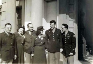 From the left: Chaplain Laird, bridesmaid Ellora Endicott, Colonoel Staige Blackford who gave the bridge away, Frances, Fred, and best man Ted Marks on the porch of the villa where the wedding reception was held.