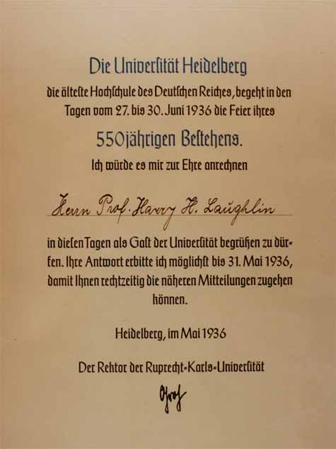 Invitation sent Laughlin by University of Heidelberg. Courtesy of Special Collections, Pickler Memorial Library, Truman State University.