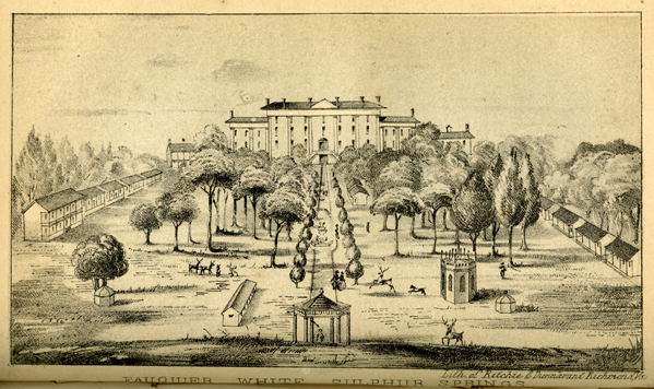 This lithograph shows the resort before the Civil War when two hotels and many of the cottages were burned. {1}