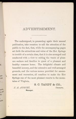 J. L. Cabell, An account of the Hot Springs, Bath County, Va, [Richmond?] : S.C. Tardy, 1873 (Richmond : Clemmitt & Jones), Special Collections, University of Virginia Library.