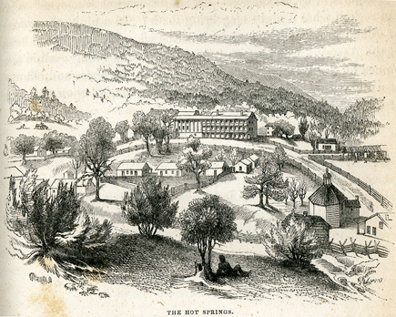 The Hot Springs resort as drawn by Porte Crayon in 1857. The large hotel, the Homestead, was built by Dr. Thomas Goode in 1846. {1}