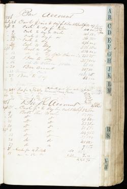 Dr. Burke frowned upon the mixing of baths and spirits, but this account book shows that both bar and bath accounts were quite active in the summer of 1856. {2}