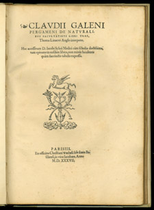 Galen, …De naturalibus facultatibus libri tres, title page