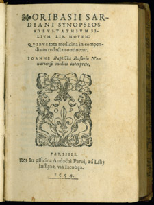 Ori basius, Oribasii Sardiani Synopseos…, title page