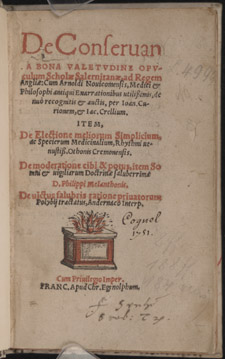 Arnaldus, de Villonova and the School of Salerno, De conservanda bona valetudine…, title page