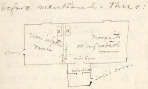 Walter Reed's sketch  of Building Number 2 at Camp Lazear (Mosquito Building), circa December 25, 1900. Philip S. Hench Walter Reed Yellow Fever Collection 1806-1995. Box-folder 22:57. Historical Collections, Claude Moore Health Sciences Library, University of Virginia.